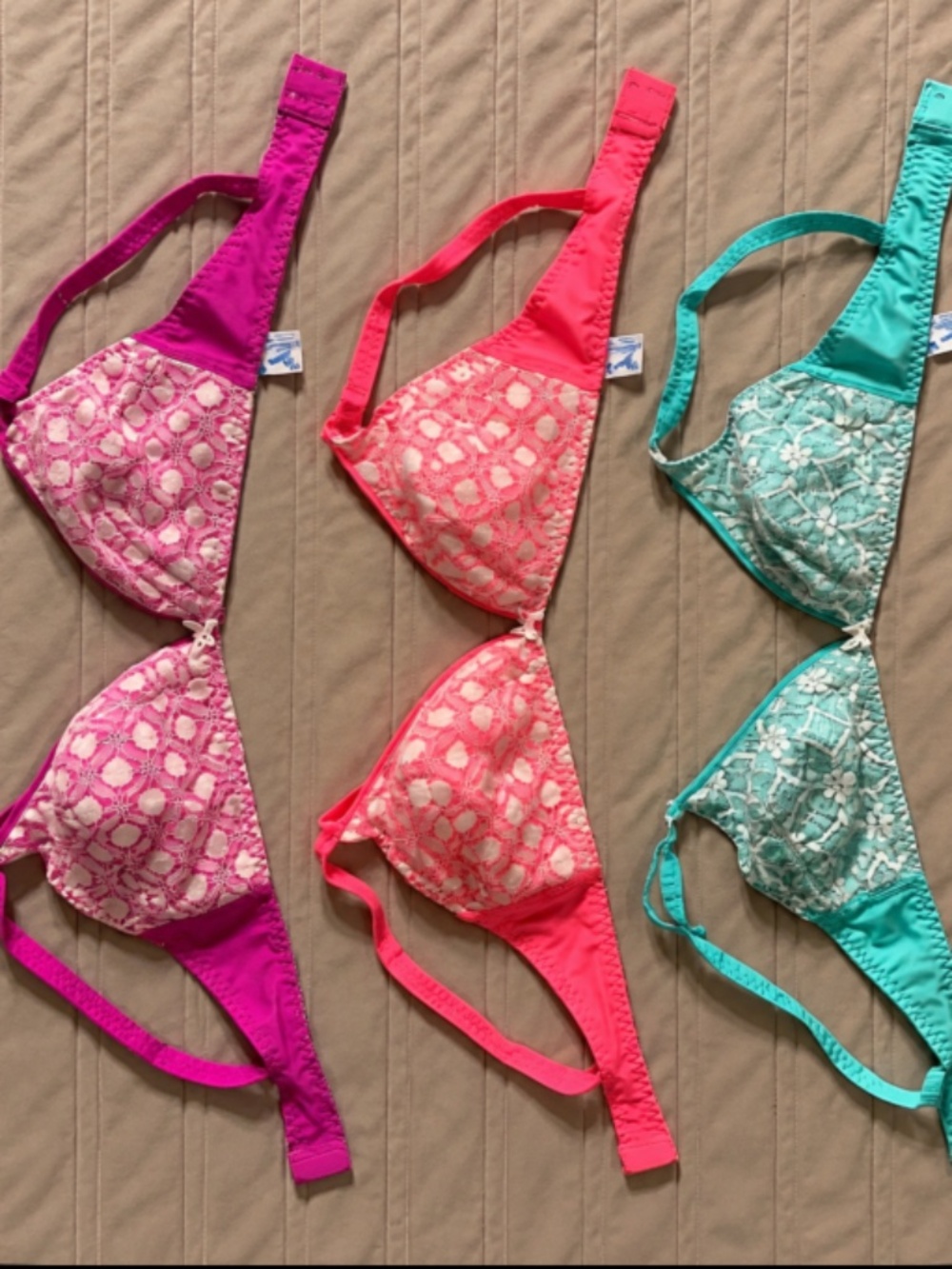 Vintage Forever Yours 36B Lace Bras Lot of 3 Pink Aqua Fuchsia Lingerie